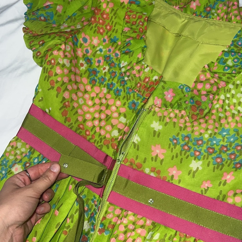 Vintage 1960’s to 1970’s Colorful Green Floral Print Puff Sleeve Maxi Dress - Picture 4 of 12